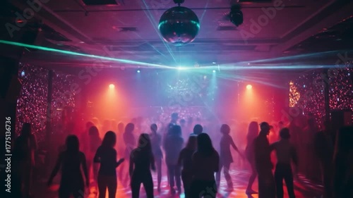 Silhouetted crowd dancing under disco ball and colorful laser lights