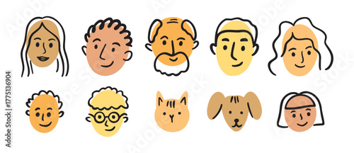 Family face portrait doodle avatar set. hand drawn woman, man, boy, girl, teenager face head portrait, grandmother grandfather. old and young people