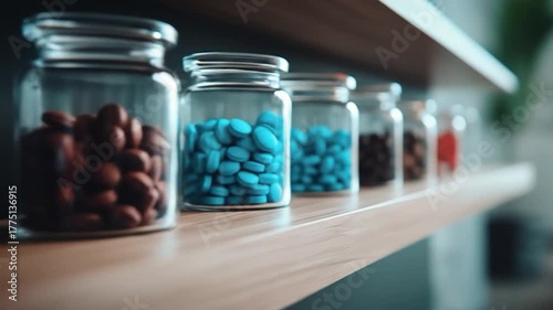 Colorful pills in glass jars on wooden shelf for medical health or wellness concepts