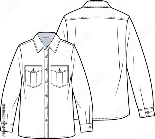 Flat sketch vector illustration of long sleeve denim shirt with button closure, pointed collar, front flap pockets and back yoke seam
