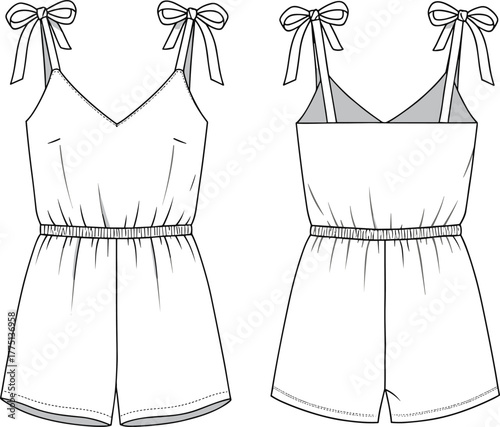 Fashion flat sketch of women’s romper with shoulder tie straps and elastic waist, CAD drawing vector illustration for apparel design