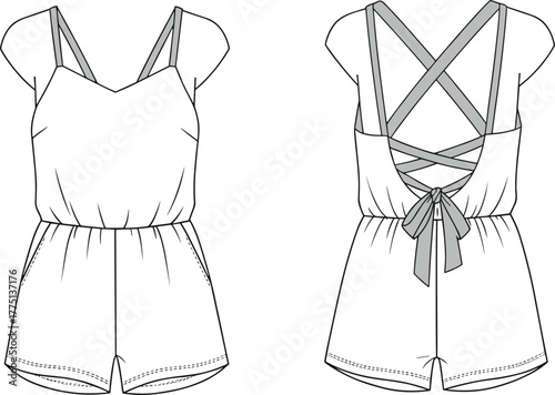 Fashion flat sketch of women’s romper with crisscross back straps and waist tie bow, CAD drawing vector illustration