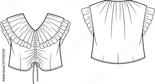 Flat fashion technical sketch of women's ruffle sleeve blouse with v-neckline and drawstring hem, front and back cad illustration