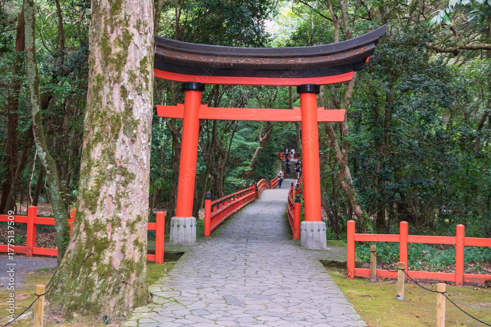 Obraz premium Torii exit gate for main buildings of Usa Jingu shrine, Oita, Japan