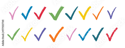 check mark pastel textured doodle hand drawn checkmarks element colorful doodle hand drawn icon set. Check mark line clipart symbol bright colors.
