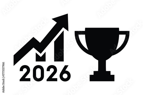 Business growth and success in the year 2026 represented by a rising graph and trophy, vector design