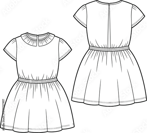 Flat technical vector drawing of girl’s dress with pleated neckline, elastic waist, short sleeves, flared hem, front and back views included