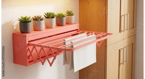 Pink wall mounted drying rack with white clothes inside the home