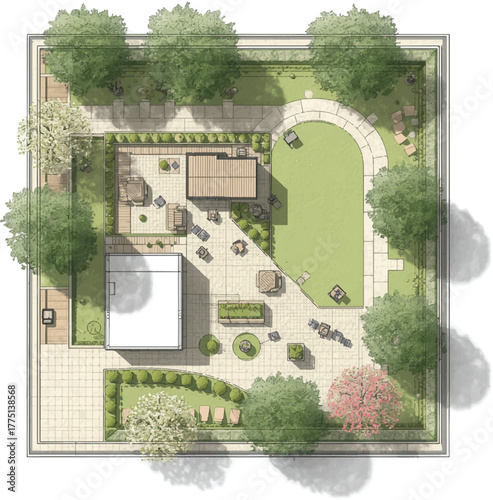 Top-Down Urban Plaza Design with Circular Courtyard and Green Space.