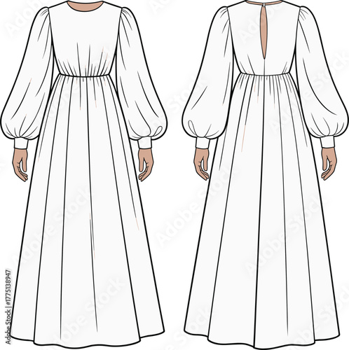 Tableau sur toile Flat vector CAD drawing of elegant maxi dress with bishop sleeves, gathered wais