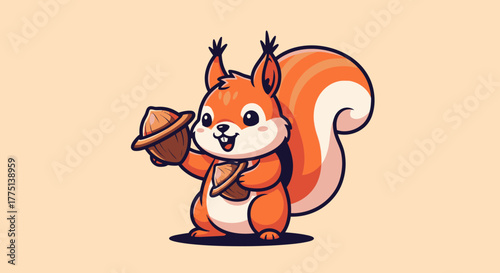 A cute cartoon squirrel stands, holding two acorns, with a fluffy tail on a beige background