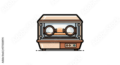 Illustration of a baby incubator with two arm holes and digital display, minimalist style