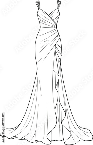 Elegant evening gown flat sketch, draped maxi dress technical drawing, fashion CAD template, vector illustration for dress design showcase
