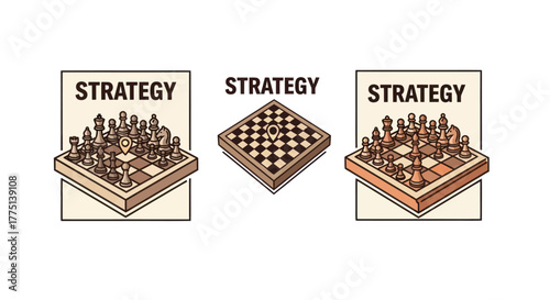 Three chess boards illustrate "STRATEGY." Boards, one with pieces, one empty, one set with pieces