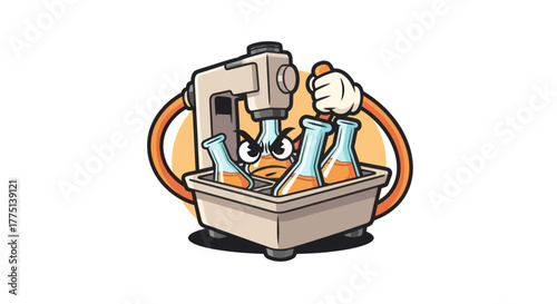 Cartoon illustration of an angry lab setup with beakers, a machine, and a hand