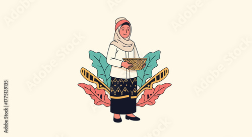 Illustration of a woman in traditional attire holding a basket against a leafy backdrop