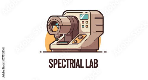 Cartoon illustration of a spectrial lab machine with a cylindrical lens and display panel