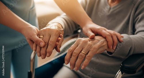 Compassionate Hands Holding Elderly Woman's in Wheelchair Warm Light