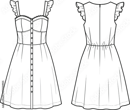 Fashion flat sketch of ruffle strap button front dress with fitted bodice, technical CAD drawing, apparel vector illustration