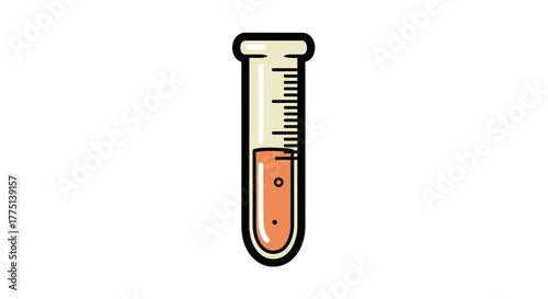 A cartoon test tube, beige with orange liquid, black outline, and measuring lines