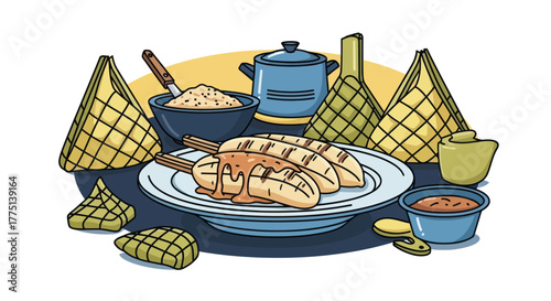 An illustration depicts a Southeast Asian meal with grilled bananas, rice cakes, and various condiments