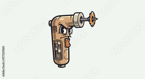 A cartoon drill with an angry face, posed on a white backdrop. It features an orange drill bit