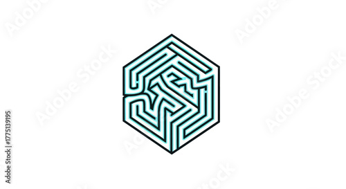 A cyan and black maze is set inside of a hexagon, centered on a white background