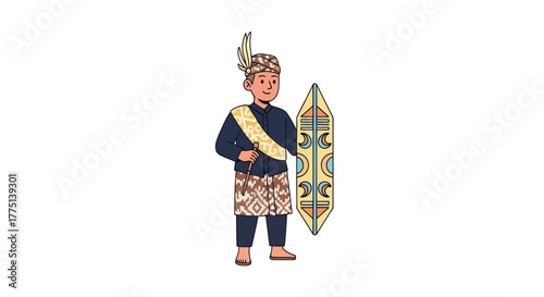 A cartoon figure in traditional garb holds a shield and staff. The person is wearing a decorative head piece