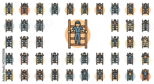 A collection of illustrated characters on ladders, ascending/descending with various expressions