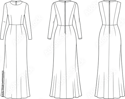 Elegant long dress technical sketch, fashion CAD flat vector drawing, front and back view, detailed garment design, bridal evening wear