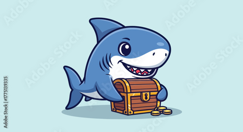 A cartoon shark, smiling, hugs a treasure chest with gold coins scattered nearby