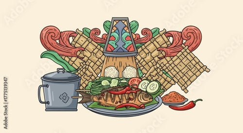An illustration of a dish, featuring a grilled fish, vegetables, chili, and rice cakes