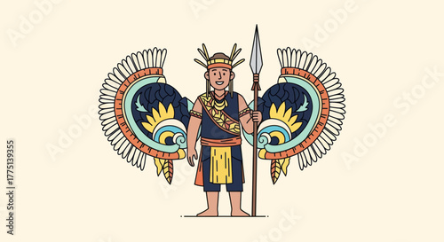 An illustrated figure in traditional clothing stands with a spear, large wings behind him