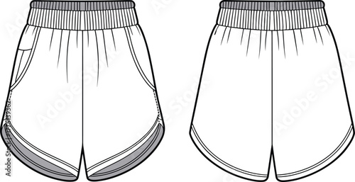 Flat sketch of women's athletic running shorts with elastic waistband and curved hem, front and back view cad fashion drawing