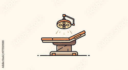 A cartoon image depicts a medical operating room table with an overhead surgical light