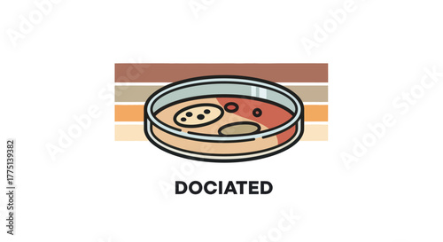 Cartoon-style petri dish with colored bacteria on a retro stripe background. "DOCIATED" below