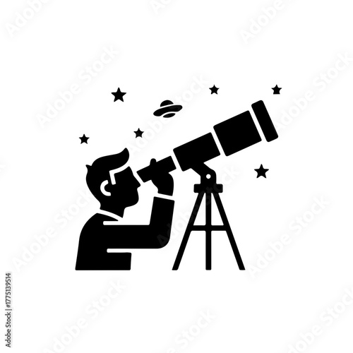 icon of an astronomer or stargazer observing the sky. A small, hidden flying saucer is incorporated into the scene, representing the quiet hunt for unidentified objects and the mystery of the cosmos