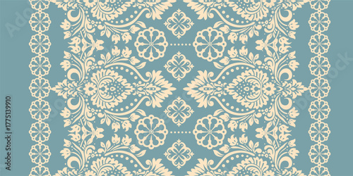 floral pattern vintage ethnic modern embroidery texture boho design vector illustration hand drawn pink flower motif branches leaves wallpaper seamless background border.