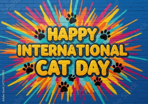 Happy international cat day with colorful explosion and paw prints