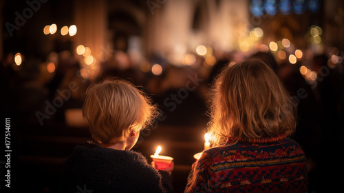 Children holding candles during Christmas Eve Mass surrounded by warm candlelight and peaceful atmosphere