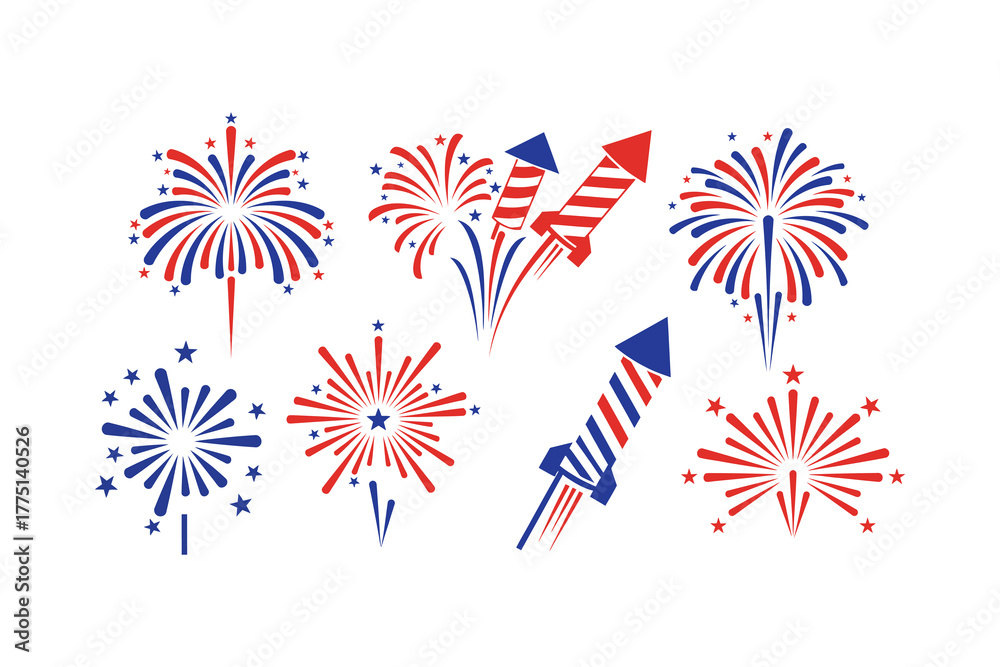 Fototapeta premium Fireworks Collection of red white and blue and rockets for celebrations, vector design