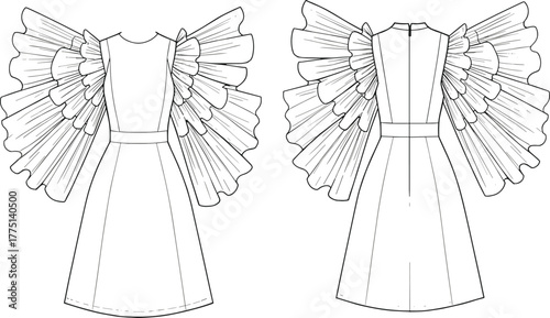 Fashion technical sketch, pleated ruffle sleeve dress, front and back view, layered flounce sleeves, belted waist, high neck.