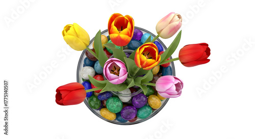 Colorful Tulip Arrangement with Easter Eggs in a Glass Vase isolated