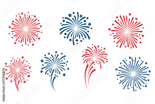 Fireworks Collection of red and blue  bursts, vector design