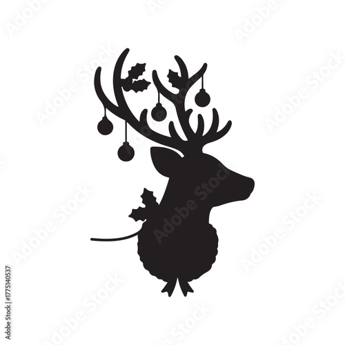 Black line horned christmas deer icon on white background.