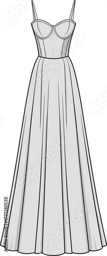 Elegant long dress vector sketch, fashion technical CAD illustration, flat design with fitted bodice and flared hemline for designers.