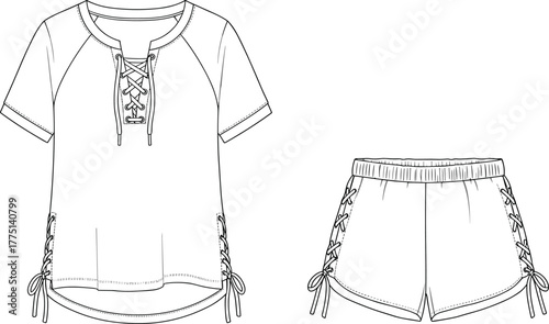 Fashion flat sketch, lace up top, lace up shorts, casual outfit design, vector illustration, technical drawing, sewing pattern, CAD template, women's activewear