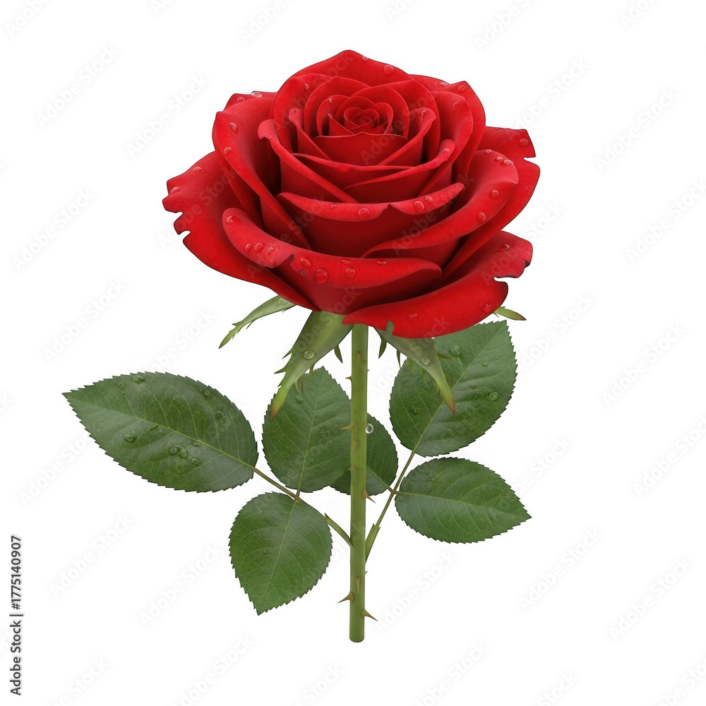 Fototapeta premium Red rose flower with green leaves and stem isolated on transparent background