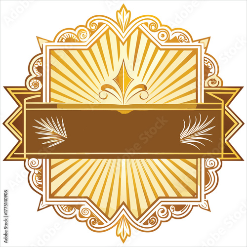 Elegant golden emblem with decorative flourishes and ribbon