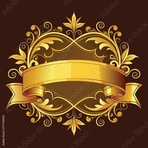 Elegant golden ornate frame with ribbon banner on dark brown background